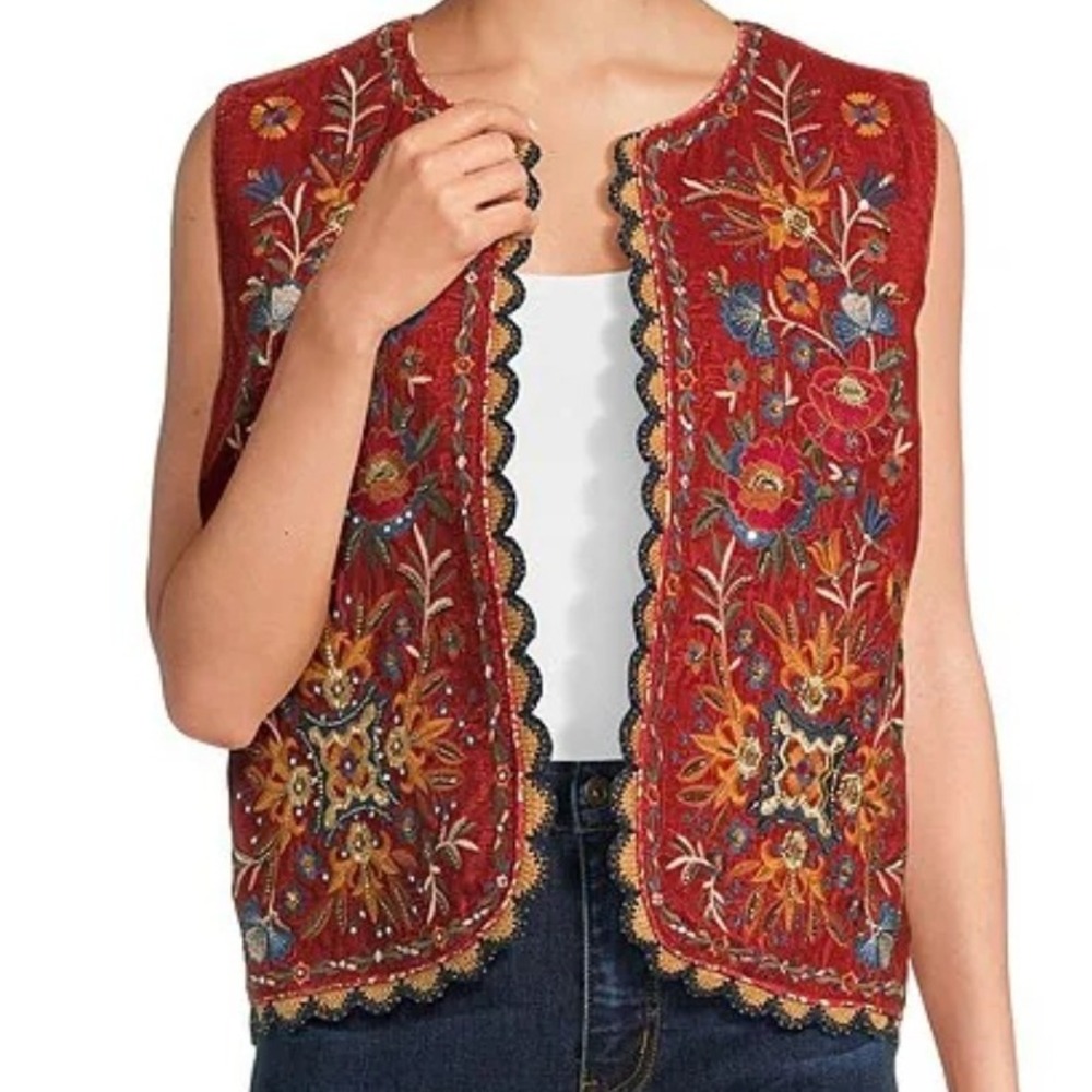 Brach Brach Velvet Embroidered Vest Boho Hippie Sleeveless Orange Red Large